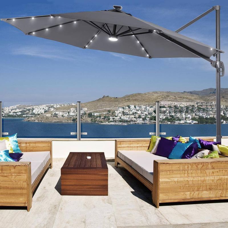 JOYESERY - 10 ft. Solar LED Cantilever Patio Umbrella with Cross Base, Outdoor Offset Hanging 360-Degree in Gray