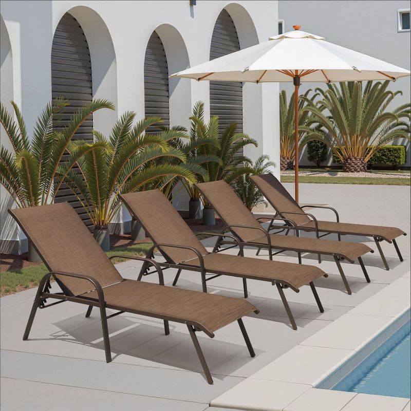Pellebant - Full Flat 4-Piece Metal Outdoor Adjustable Chaise Lounge with Brown Textilene Fabric