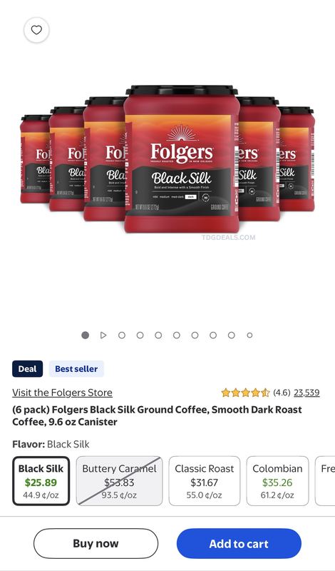 6 CANS OF FOLGERS BLACK SILK FOR $25.89 ☕