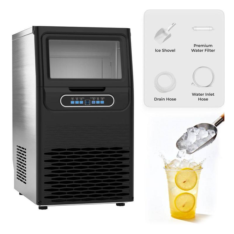 Ropup - 13.78 in. 110 lb. /24 H Crystal Full Size Ice Cubes Commercial Ice Maker, Freestanding Ice Maker, Stainless Steel
