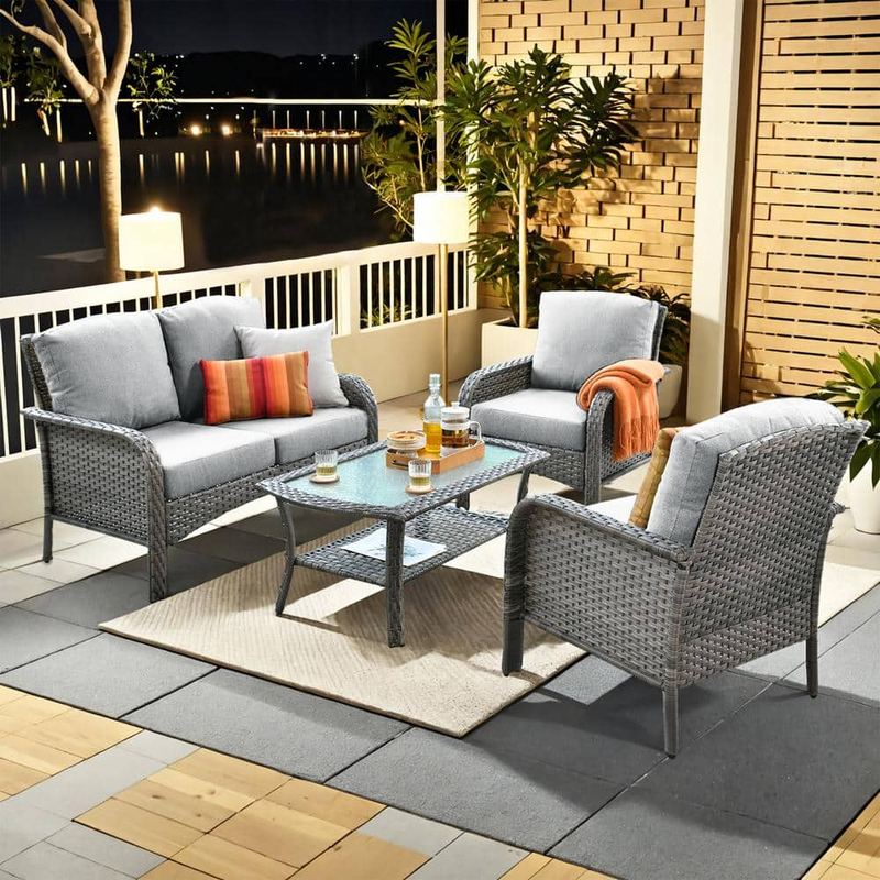 XIZZI - Zora 4-Piece Wicker Patio Conversation Seating Sofa Set with Light Gray Cushions and Table