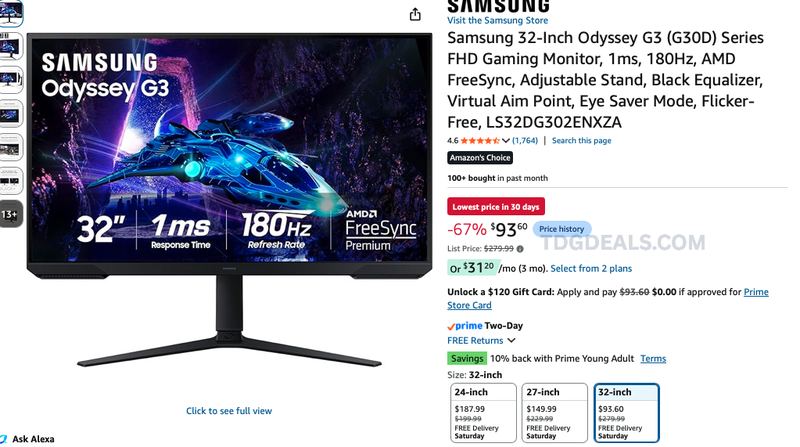 SAMSUNG 32" GAMING MONITOR DROPPED TO $93.60