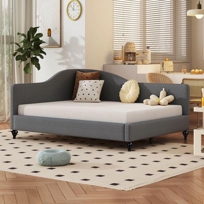 Qualler - Gray Full L-Shaped Upholstered Daybed with Solid Wood Legs