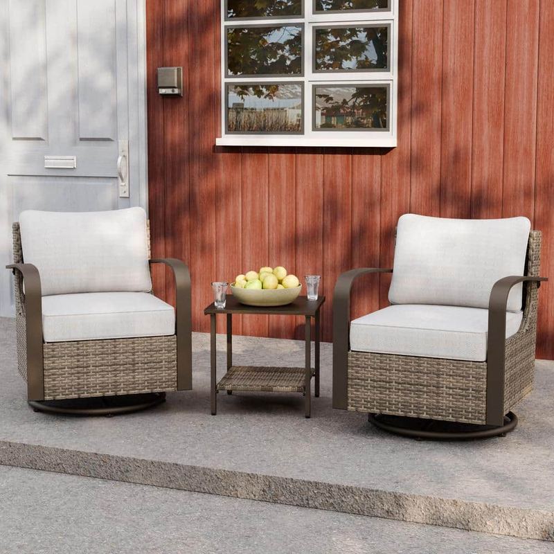 EAGLE PEAK - 3-Piece Wicker Outdoor Rocking Chair Patio Conversation Set Swivel Chairs with Beige Cushions and Side Table