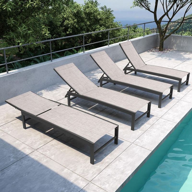 Pellebant - 4-Piece Black Aluminum Outdoor Patio Reclining Adjustable Chaise Lounge with Earth Textilene Fabric