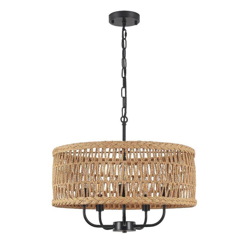 ZSMIHDOH - 19.68 in. 5-Light Matte Black Bohemian Drum Chandelier with Natural Hand-Woven Rattan Shade