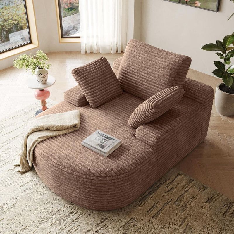 Magic Home - 49 in. Brown Corduroy Boneless Chaise Lounge Upholstered Sofa Bed Floor Sofa with Deep High Seat and 3 Pillows