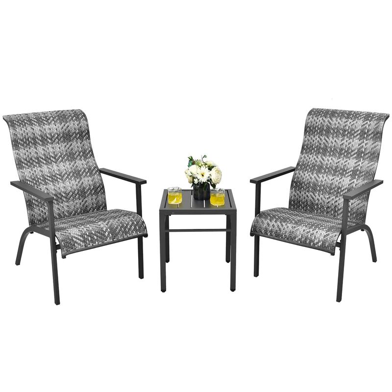 Costway - 3 PCS Patio Rattan Bistro Set High Backrest Armrest SideTable - Mix Gray