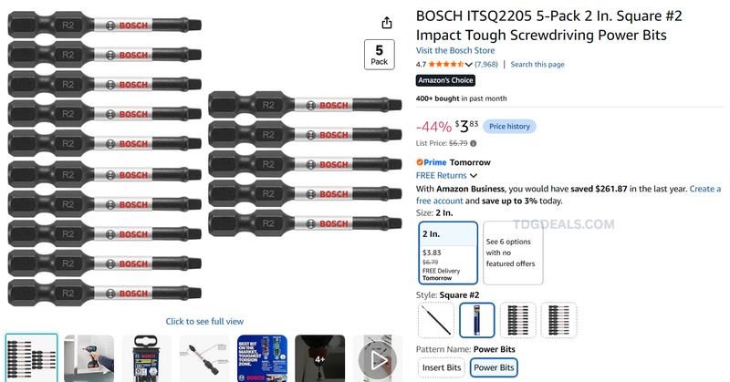 $6.79 BOSCH IMPACT SQUARE BIT 5-PACK for $3.83 on Amazon