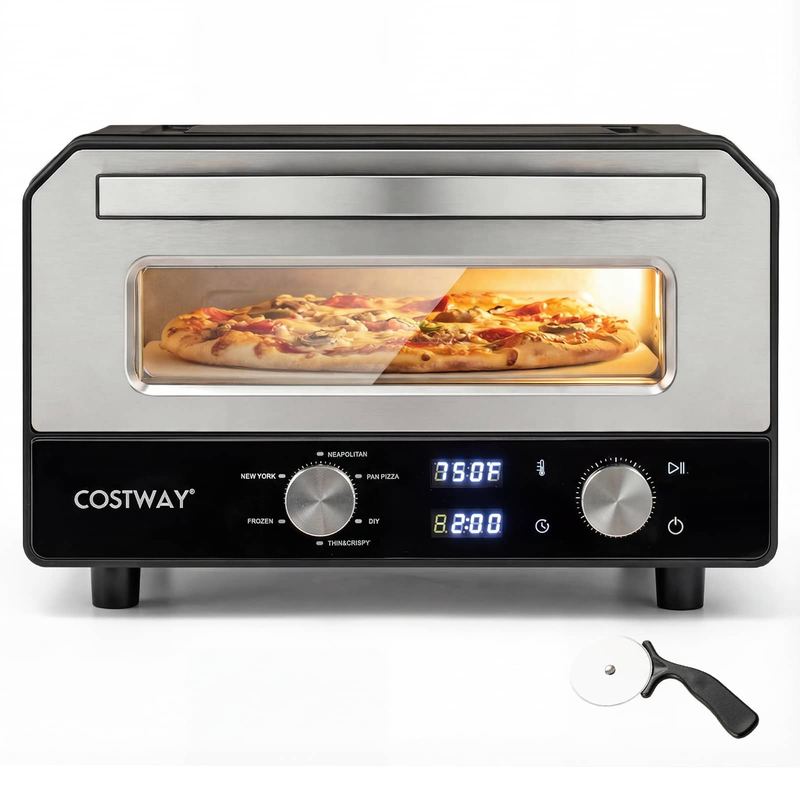 Costway - Pizza Oven for 12" Pizzas with 6 Presets & 2-Min Rapid Baking Heats up to 750℉ - Black