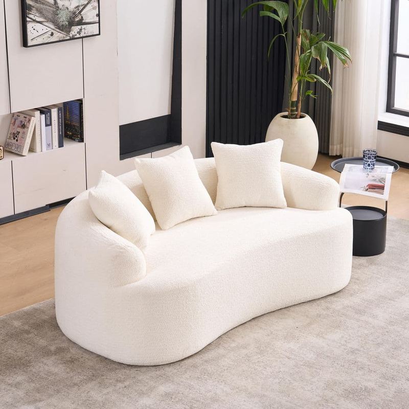 Qualler - 65 in. Flared Arms Chenille Curved Full Compression Sponge Loveseat Sofa in. White