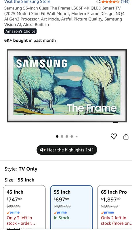 Samsung 55” The Frame (2025) TV is down to $697.99 (Reg. $1,097.99)