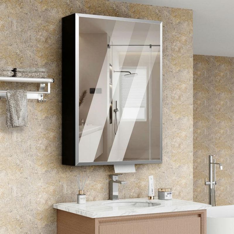 tunuo - 18 in. W x 26.8 in. H Rectangular Aluminum Surface Mount Medicine Cabinet with Mirror, Tissue Drawer Hole, 3x Magnifier