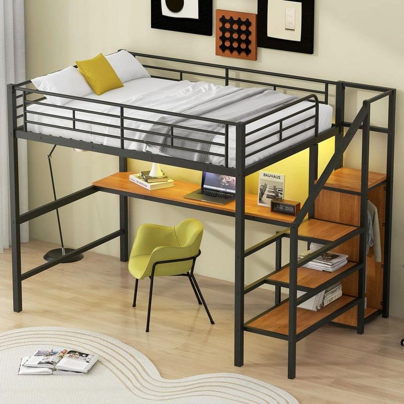 Nestfair - Black Full Size Metal Loft Bed with Storage Staircase, Small Wardrobe and LED Light