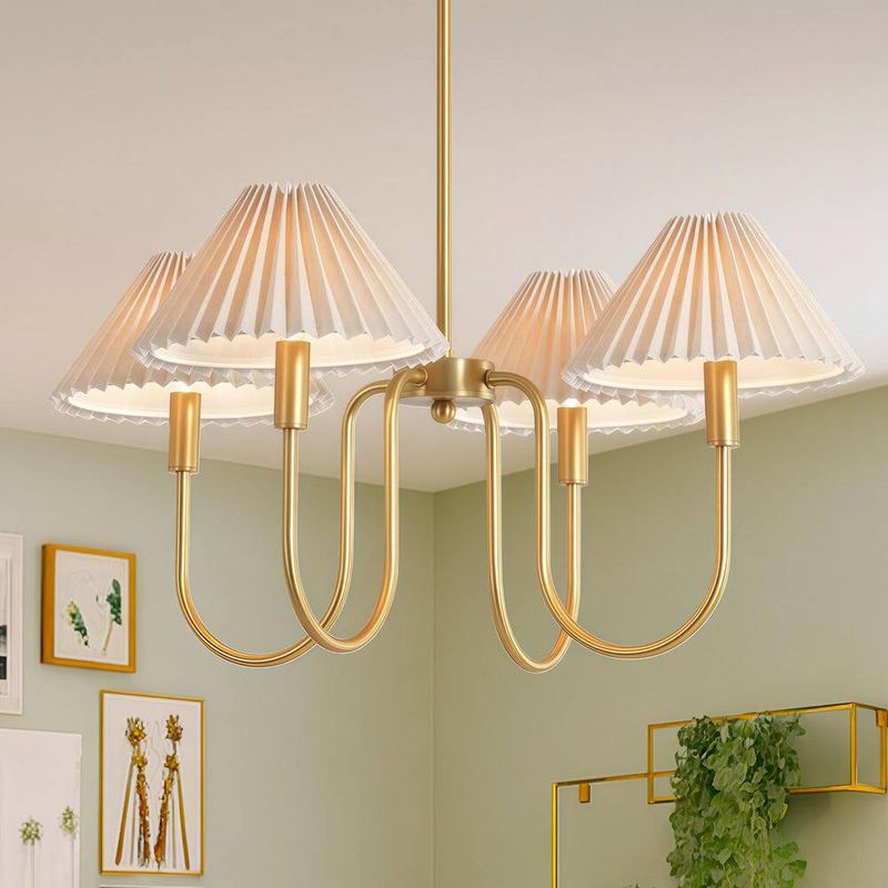 Rennnsan - Darell 27 in. 4-Light Brushed Gold Linen Farmhouse Chandelier with Light Brown Fabric Shades