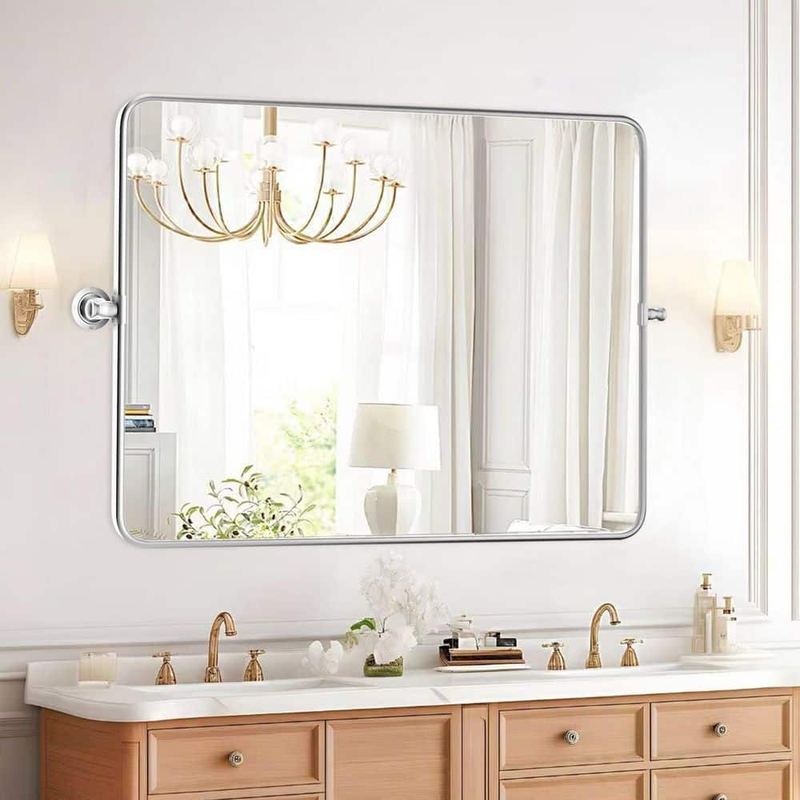 LuxHomez - 30 in. W x 40.2 in. H Modern Rectangular Silver Metal Frame Pivot Wall Mirror/Bathroom Mirror (Screws Included)