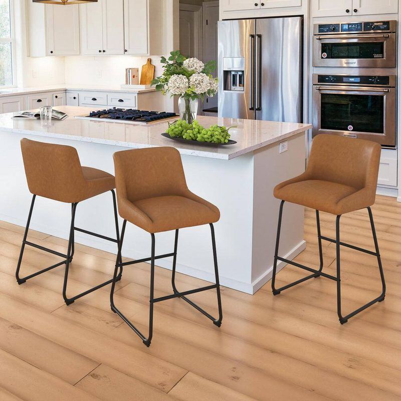 OrangeOne - Mali 36 in. Brown Metal Frame Faux Leather Counter Height Bar Stool with Premium Footrest and Non-Slip Footpads Set of 3