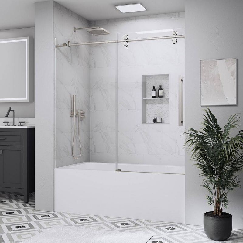 Yuaris - 56 in. - 60 in. W x 58 in. H Sliding Frameless Tub Door in Brushed Nickel with 1/4 in. Clear Tempered Glass