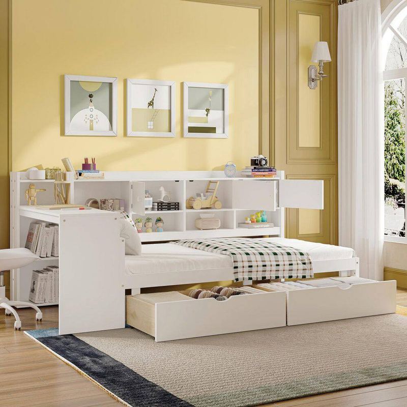 Nestfair - White Twin Size Wooden Daybed with Study Desk, Bookshelf, 2 Storage Drawers and 7 Storage Cabinets