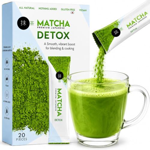 Detox Matcha Powder with Spirulina & Senna, Strawberry Flavored On-the-Go Matcha Green Tea Blend, 20 Single-Serve Sachets for Hot or Iced Matcha, 5.64 oz (160g)
