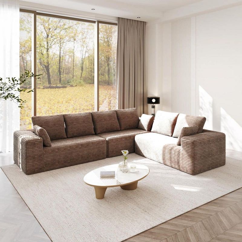 Magic Home - 134 in. Square Arm 3-Piece Corduroy L-Shaped Modular Boneless Sectional Sofa with Chaise Longue, Pillows in Brown