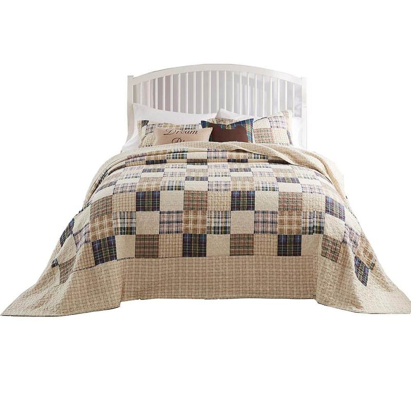 Greenland Home Fashions - Oxford Plaid 100% Cotton Jumbo-Sized for Floor-Length Coverage Bedspread Set King/Cal King - Taupe