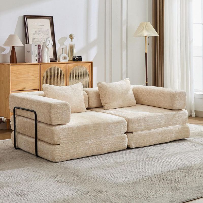 Qualler - 78.7 in. Armless Chenille Fabric Compression Sectional Sofa in Beige