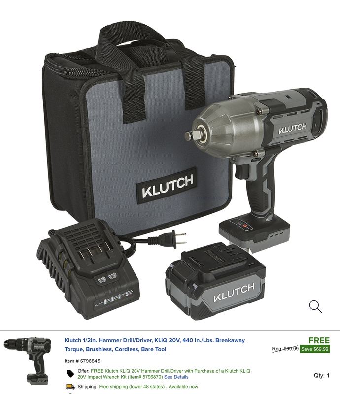 FREE Klutch KLiQ 20V Hammer Drill/Driver with Purchase of a $199.99 Klutch KLiQ 20V Impact Wrench Kit