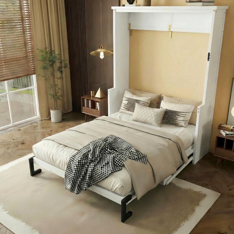 Polibi - White Wood/Metal Frame Queen Size Murphy Bed with Desk