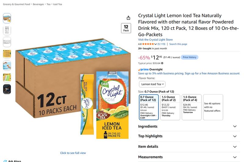 CRYSTAL LIGHT LEMON ICED TEA 120CT — $12.46