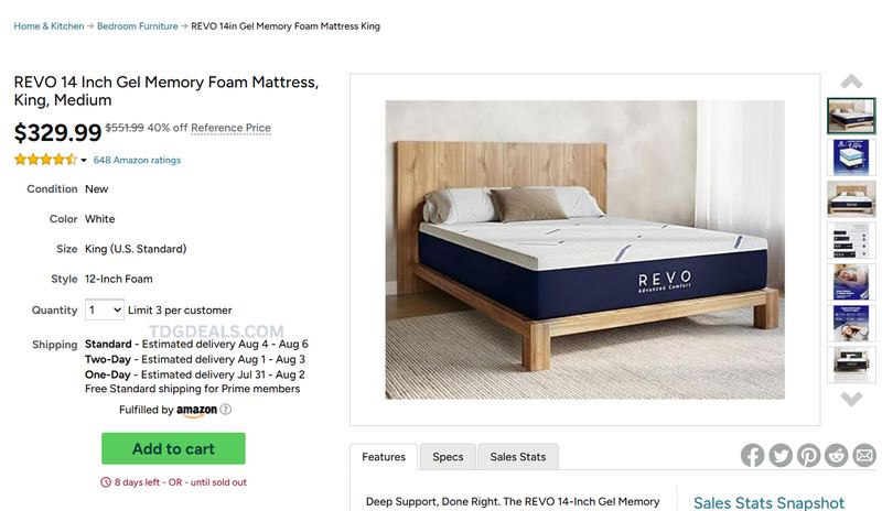 REVO 14" GEL MEMORY FOAM KING MATTRESS — $329.99