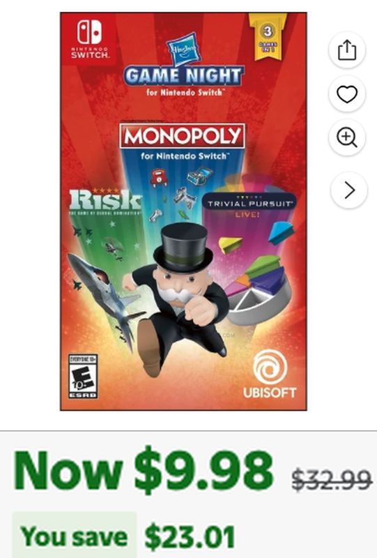 $9.98 Switch Game - Hasbro Game Night: Monopoly, Risk, Trivial Pursuit - Nintendo Switch