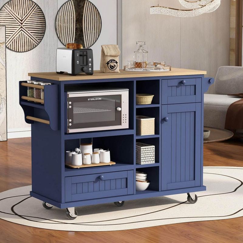 Nestfair - Black Wood 54 in. Farmhouse Rolling Kitchen Island with Drop Leaf, Power Outlet, 2 Drawers and Spice Rack