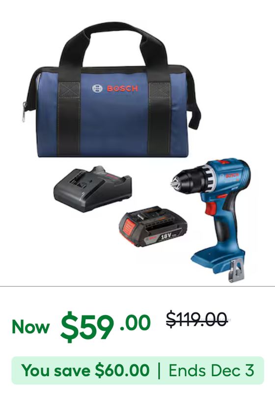 $119 BOSCH 18V BRUSHLESS 1/2" DRILL KIT FOR $59