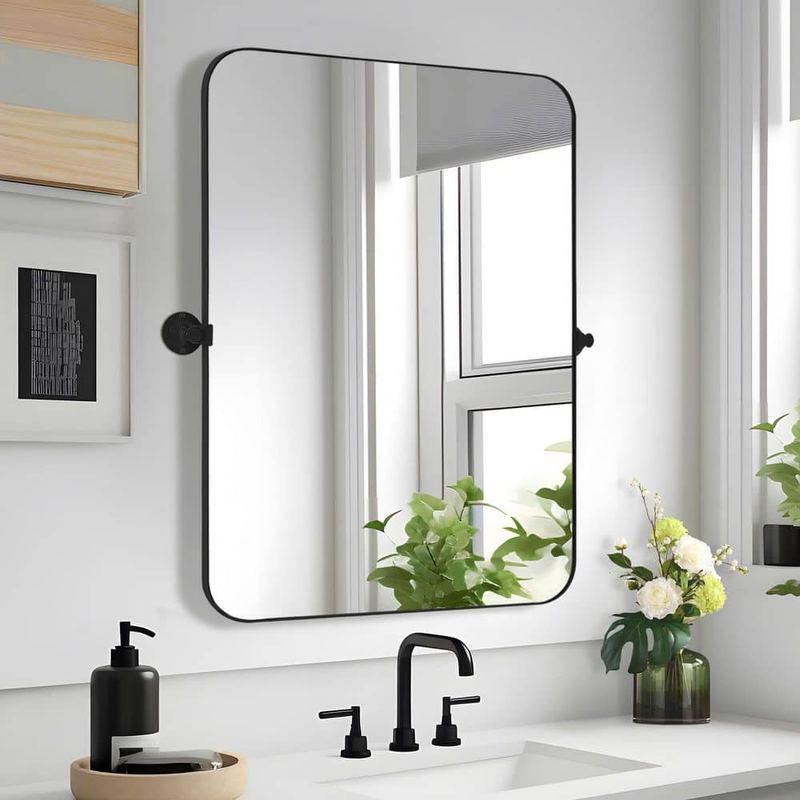 Dovelina - 24 in. W x 31.5 in. H Modern Rectangle Metal Framed Black Pivoted Wall Vanity Mirror With Rounded Corners