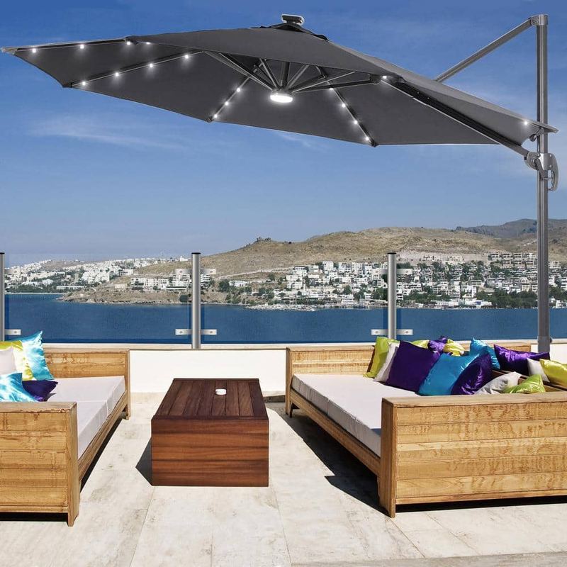 JOYESERY - 10 ft. Solar LED Anthracite Cantilever Patio Umbrella with Cross Base, Outdoor Offset Hanging 360°