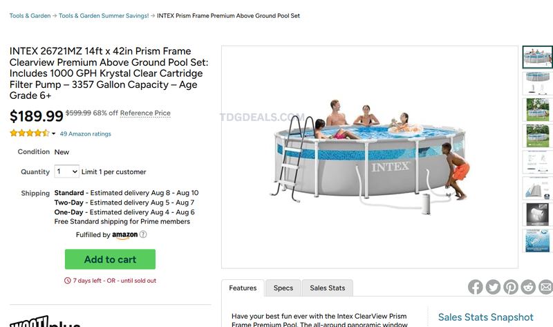 INTEX 14FT PRISM FRAME ABOVE GROUND POOL SET — $189.99