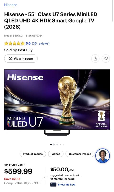 🔥 HISENSE 55” U7 MINI-LED 4K GOOGLE TV — $599.99