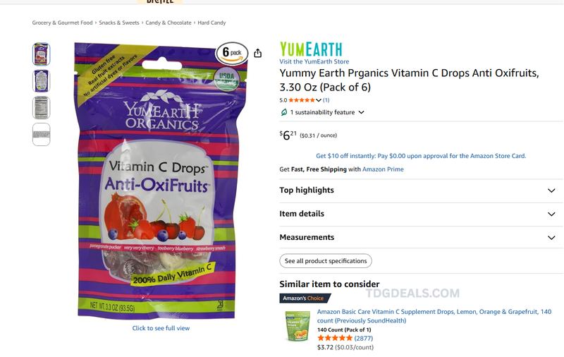 YUMMY EARTH PRGANICS VITAMIN C DROPS 6-PACK FOR $6.21 ON AMAZON