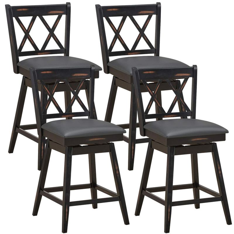 Gymax - Set of 4 Barstools Swivel Counter Height Chairs w/Rubber Wood Legs - Black