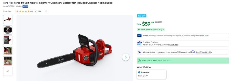 TORO FLEX-FORCE 60V 16" CHAINSAW — $59.99