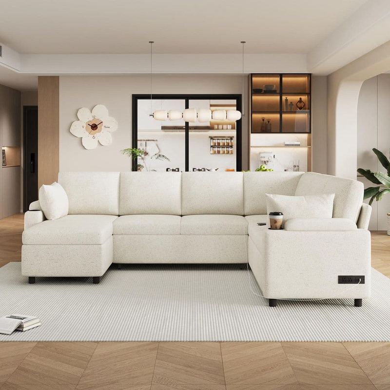Qualler - 109.9 in. Chenille U-Shaped Sectional Sofa in. Beige with Sectional Sofa and Charging Ports