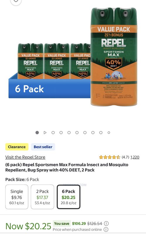 40% DEET BUG SPRAY 6-PACK FOR $20.25 AT WALMART