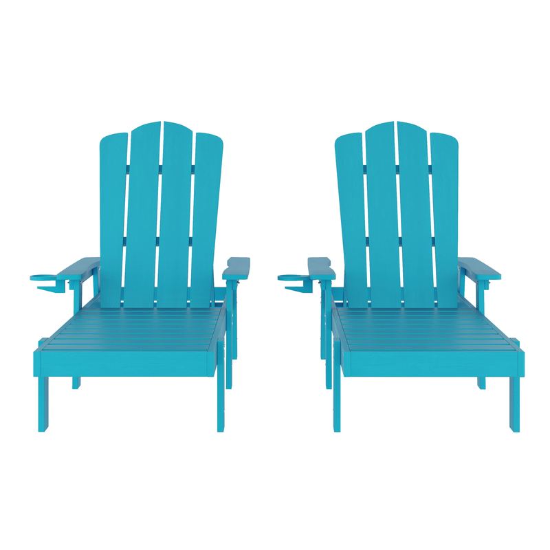 Emma + Oliver - Stockton Set of 2 Recycled HDPE Adjustable Adirondack Loungers with Fold Out Cupholders for Indoor/Outdoor Use - Blue