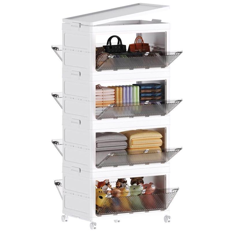 Hooure - 4-Tier 88 qt. Collapsible Storage Bins Stackable Plastic Organizers in White with Lids and Wheels for Home, Kitchen etc