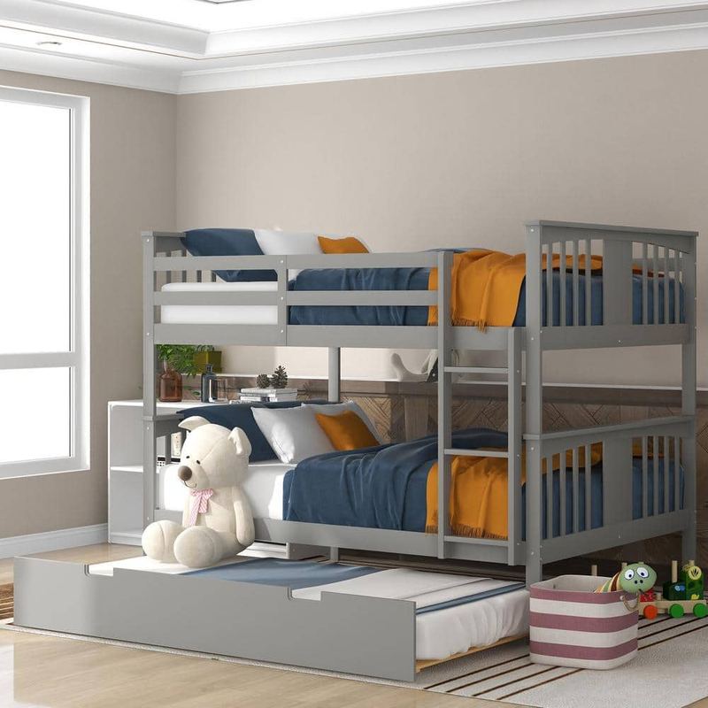 Harper & Bright Designs - Gray Full Wood Bunk Bed with Twin Size Trundle and Ladder