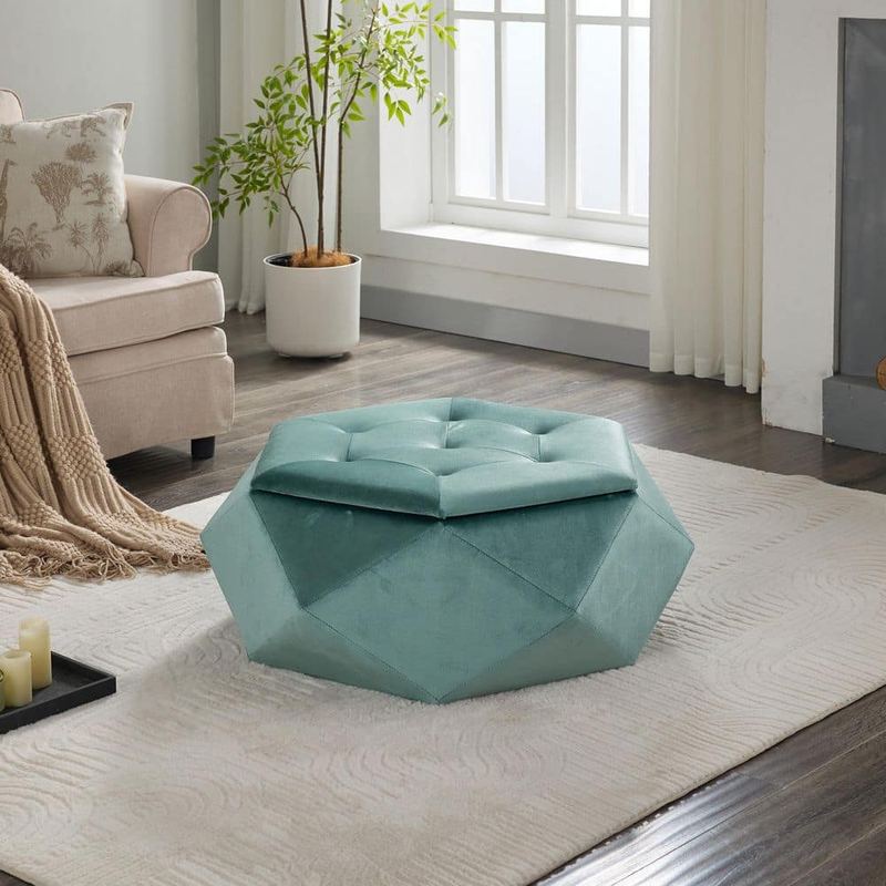 CHRISTOPHER KNIGHT HOME - Berkamn Modern Glam Green Velvet Upholstery Polygon Diamond Tufted Storage Ottoman