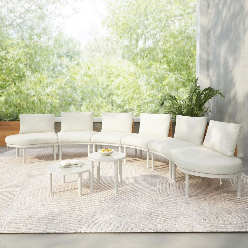 Harper & Bright Designs - Half Moon 8-Piece Aluminum Outdoor Sectional Set with Beige Cushions, 2 High-Low Coffee Tables, PE Wicker Rattan