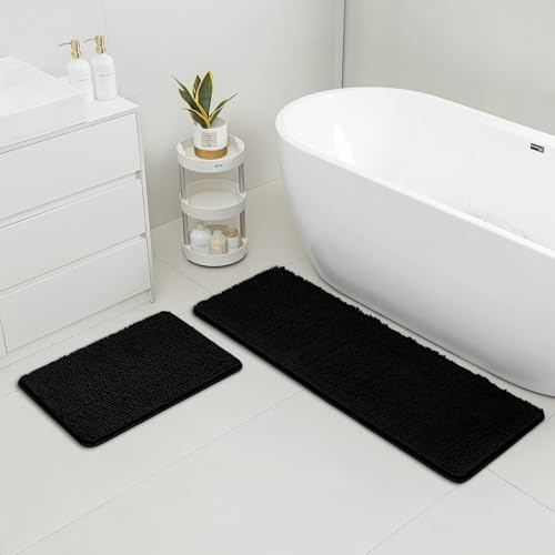 Yeaban Bathroom Rugs Sets 2 Piece,Thick Chenille Bath Mats,Absorbent and Washable Bath Rug Non-Slip, Extra Soft Rugs for Bathroom Floor,Tub,Shower and Sink(17"x24" and 17"x47",Black)