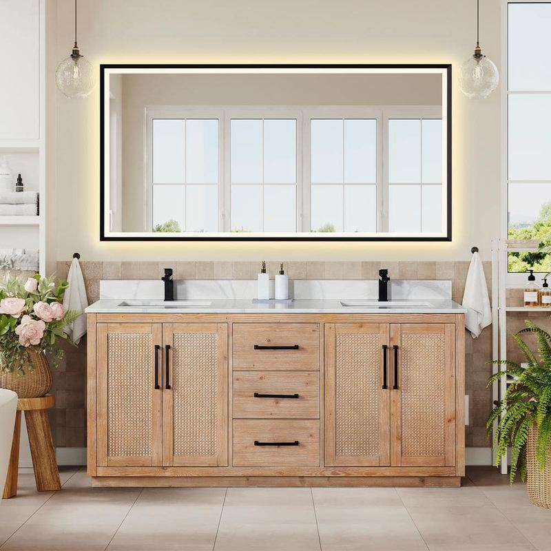 Altair - Floral 72 in. W x 22 in. D x 33 in. H Double Sink Bath Vanity in Ligth Brown with White Quartz Countertop and Mirror